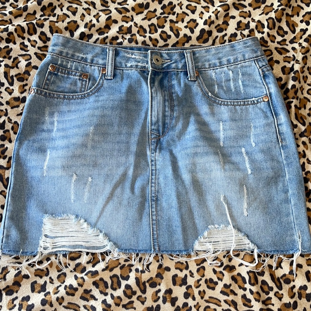 Denim distressed mini skirt